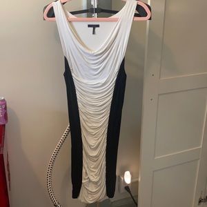 Black and white ruched cocktail dress